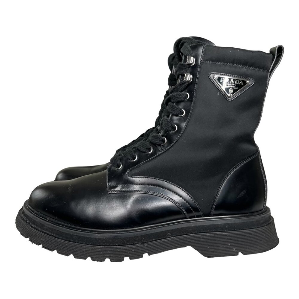 Prada Brushed Rois Leather and Nylon Lug Sole Combat Boots - Picture 3 of 12